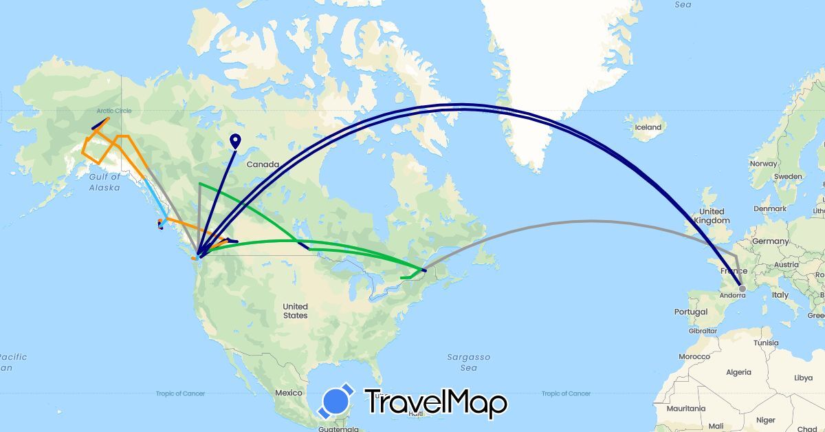 TravelMap itinerary: driving, bus, plane, hiking, boat, hitchhiking in Canada, France, United States (Europe, North America)